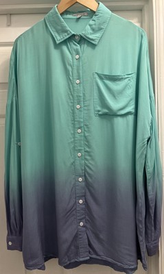 White Birch Dip Dye Teal/Blue Button Up Oversized Long Sleeve Blouse Size Large -image
