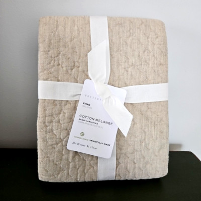 Pottery Barn Cotton Melange Handcrafted Quilted King Sham Flax Yarn Dyed New-image