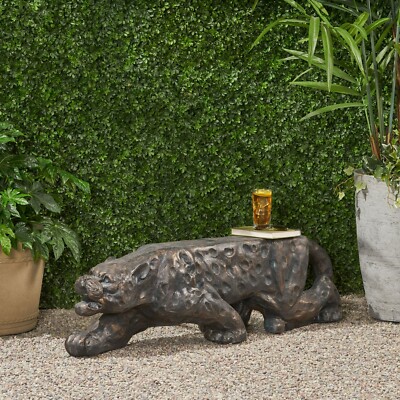 Emersyn Outdoor Leopard Shaped Concrete Bench, Antique Copper Finish-image