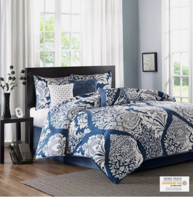 Madison Park 7pc King Adela Cotton Printed Comforter Bedding Set Indigo, SALE-image