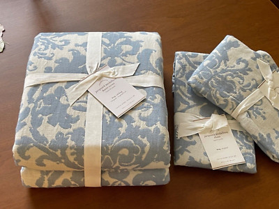 NEW Pottery Barn Blue Jacquard Medallion Cotton/Linen King Duvet & 2 King Shams-image