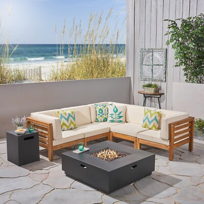 Krystin Outdoor 7 Piece V-Shaped Acacia Wood Sectional Sofa Set with Fire Pit an-image