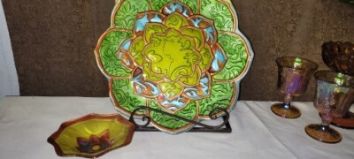 Green White Lotus Flower Fused Art Large Glass 14.75