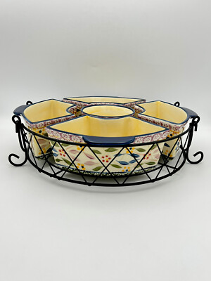 Temptations Old World Confetti Veggie Chip Dip Snack Tray Basket 6 PC Set EXC!-image