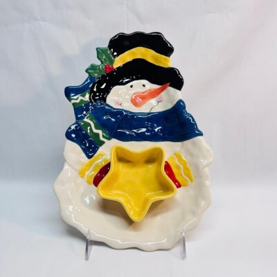VTG Snowman Large Chip Dip Dish Star Scarf Berries Holly Hat Carrot 8