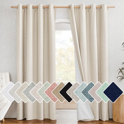 100% Absolutely Blackout Linen Curtains with Thermal Insulated White Liner, 5...-image