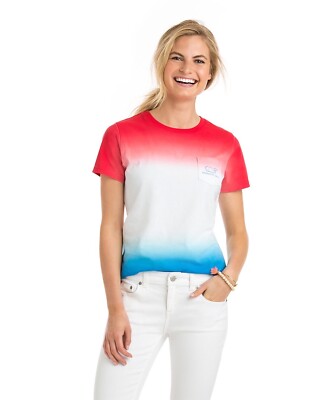 Vineyard Vine Women’s Dip Dyed Vintage Whale Tee Red White & Blue Size Large-image