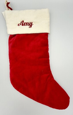 POTTERY BARN CLASSIC VELVET CHRISTMAS STOCKING *AMY* RED IVORY MEDIUM DEFECT-image