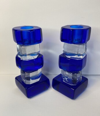 Cobalt Blue clear geometric glass candleholders handmade-image