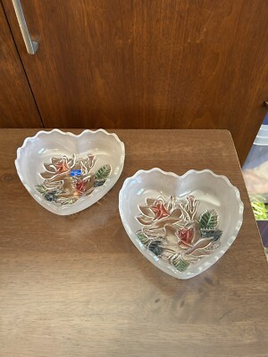 Vtg Mikasa Studio Nova 2pc Embossed Frosted Colored Rose Glass Heart Shaped Dish-image