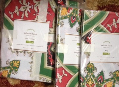 Pottery Barn Ashton Duvet Cover Set White Pink Green Queen 2 Euro Shams Boho 3pc-image
