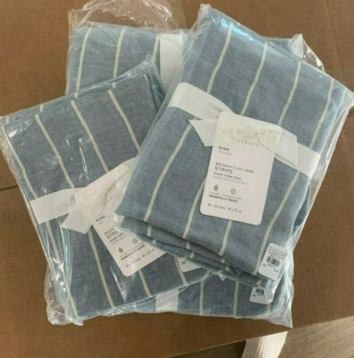 Pottery Barn Belgian Flax Linen Striped KING duvet 2 KING shams chambray BLUE-image