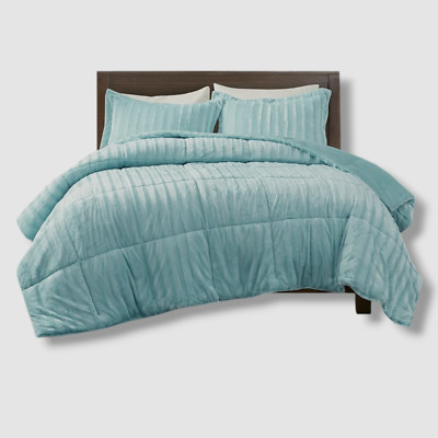 Madison Park Blue Full/Queen York Brushed Faux Fur Comforter 3pc Set-image