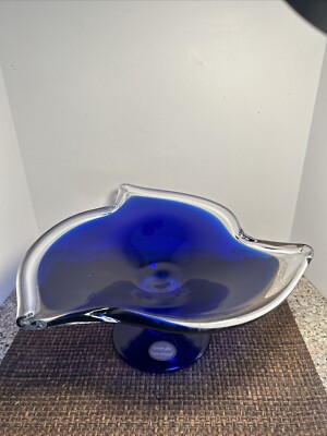 Handblown VERRE ARTISANAL Free Form Large Cobalt Blue Pedestal/shallow Bowl-image
