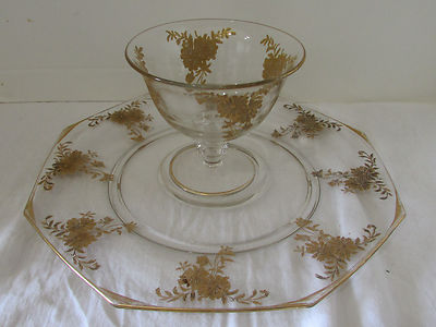 Vintage Large Octagonal Gold Floral Overlay Veggie and Dip Platter & Center Bowl-image