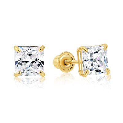 14K Solid Yellow Gold Princess-Cut CZ Sleeper Studs Earrings Screw-back 3mm-8mm-image