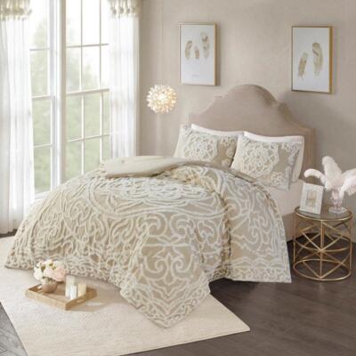Madison Park Bedding Set Full/Queen Comforter Medallion Taupe Brown Tufted (3Pc)-image