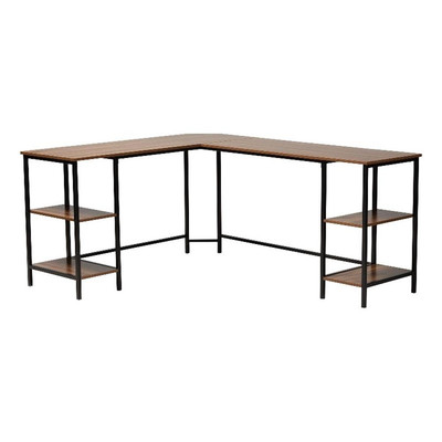 Baxton Studio Lydia Brown Wood and Black Metal L-Shaped Desk with Shelves-image