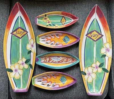 Clay Art Ceramic 2 Large Surfboard Platters and 4 Small Dip Trays/Dishes-image
