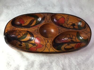 Wood Tray Bowl Carved & Painted 5 Section Nuts Fruit Cheese Snacks & Dip Boho-image