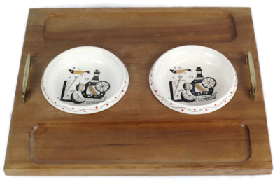 Vintage Woodpecker Wood Ware Bread Snack Serving Tray w/ 2 Dip Dishes-image