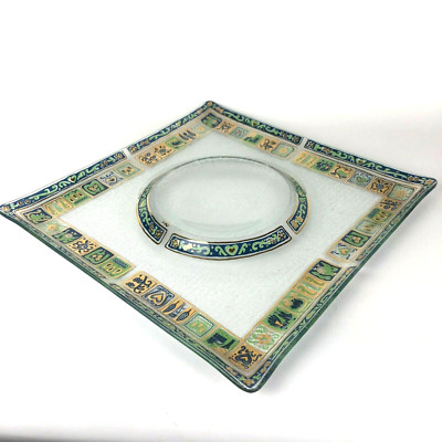 Glass Platter Tray MCM gold painted signed dip textured large bent Vtg retro-image