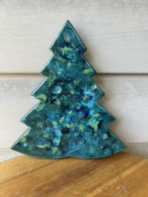 Vintage Green Blue Mottled Christmas Tree Studio Art Pottery Tray Dish 8” Signed-image