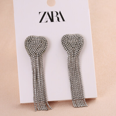 Zara heart-shaped multilayer rhinestones chain tassel earrings women's jewelry-image