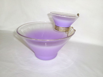 W. Virginia BLENDO Mid Century FROSTED PURPLE ORCHID CHIP / DIP BOWL w/ HOLDER-image