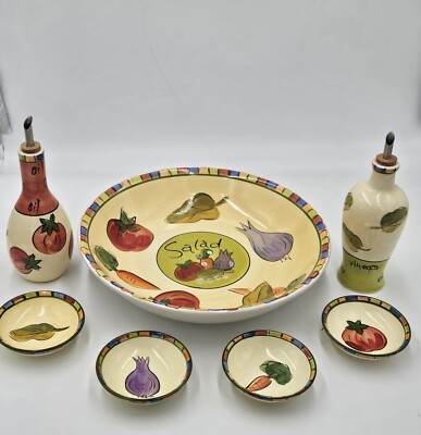 Salad For 4 Ceramic Large Salad Bowl Vinegar & Oil Decanters 4 Mini Dip Bowls-image
