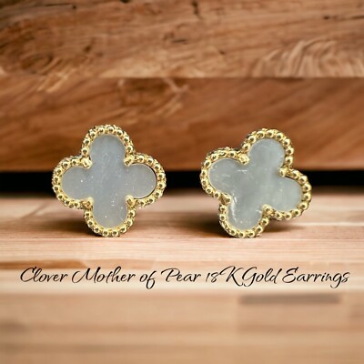 18K Yellow Gold Mother Of Pearl 12mm Clover Shaped Stud Earrings-image