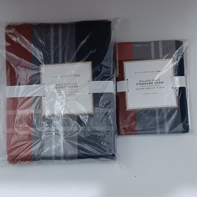 Pottery Barn Teen Walker Plaid Twin Duvet Cover & Std Shams Navy Orange Gray NIP-image