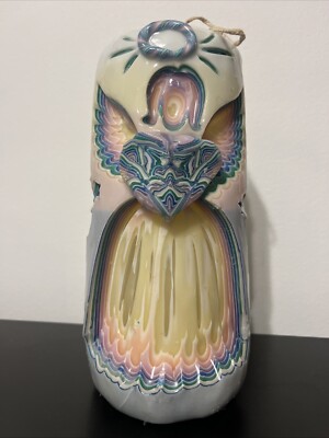 Holland House Hand Carved Rainbow Angel Cross Dipped Wax Candle 8” Wedding Love-image