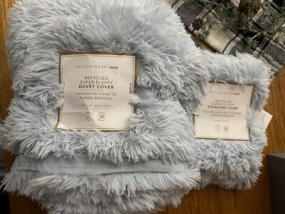 Pottery Barn Teen Recycled Super Fluffy Faux Fur Duvet Cover Blue Twin & Sham-image