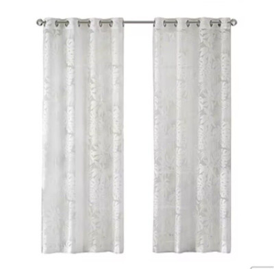 Madison Park Kauna Palm Leaf Sheer Grommet Top Single Curtain Panel White-image