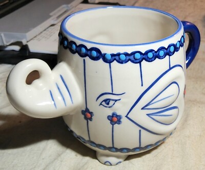 YOKOHAMA STUDIO HAND PAINTED ELEPHANT-SHAPED GLAZED PORCELAIN MUG w/ BLUE HANDLE-image