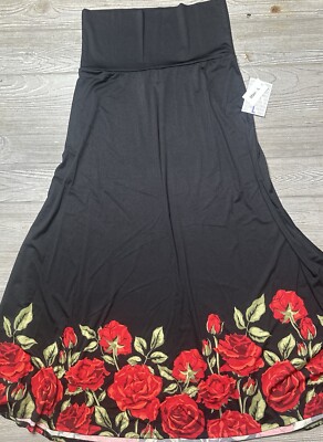 NWT Lularoe Large Maxi Skirt Black Flower Floral Roses Dipped Border-image