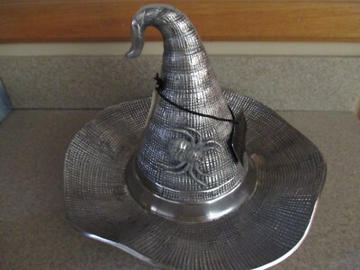 NWT Halloween Large 2 Piece Silver Metal Witch Hat Chip and Dip Spider Bowl Set-image
