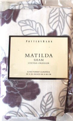 Pottery Barn Matilda Euro Pillow Sham NIP Purple Ivory Floral Cotton-image