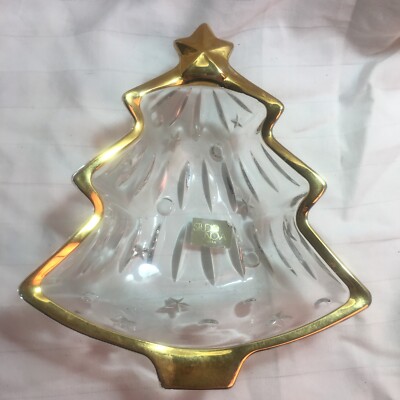 Christmas Tree Candy Dish Studio Nova Glass Clear Gold Trim Shaped Japan 6