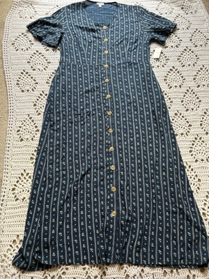 DIP WOMANS NAVY BLUE  Floral Design BUTTON FRONT DRESS  Size Large NWT-image