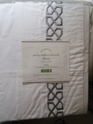 NEW POTTERY BARN AVERY WHITE GRAY EMBROIDERED SHAM KING 36 X 20-image