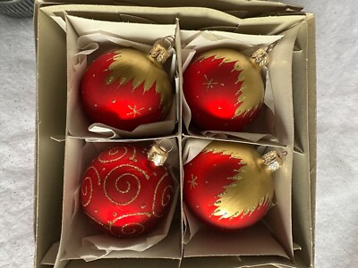 4 Glass Hand Paint Glitter Christmas Ball Ornament Red Scroll Dipped-image