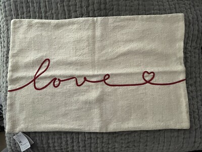 Pottery Barn Love Script Embroidered Lumbar Pillow New 26inches X 16inches-image