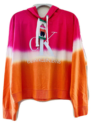 NEW Calvin Klein Hoodie XL Logo Sweatshirt Dip Dye Orange Pink & White Pull-Over-image