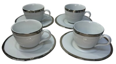 4 SETS (8PC Total) Pottery Barn CAROLINE Silver Rim Flat Cup & Saucer Tea Coffee-image