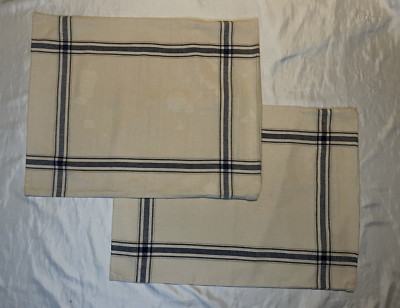 POTTERY BARN set of 2 linen-cotton standard shams in cream with blue plaid-image