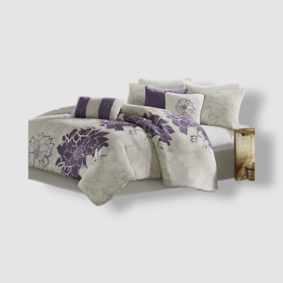 Madison Park Gray Purple 7pc Queen Jane Floral Print Comforter Set-image