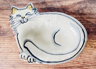 Art Studio Pottery Signed Cat Shaped Bowl Trinket Dish EUC Unique Kitty Feline -image