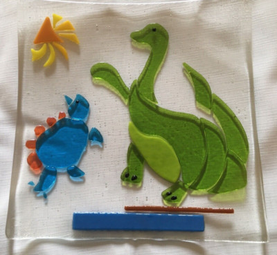Studio Art Fused Art Glass - Brontosaurus Stegosaurus Dinosaur Square 10